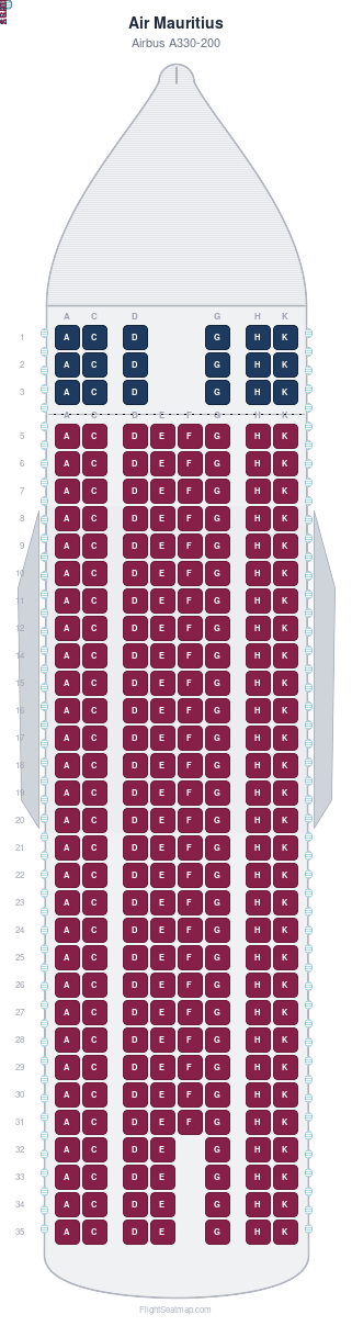 Air Mauritius Airbus A330-200 seat map layout for flight MK749 from BOM to MRU
