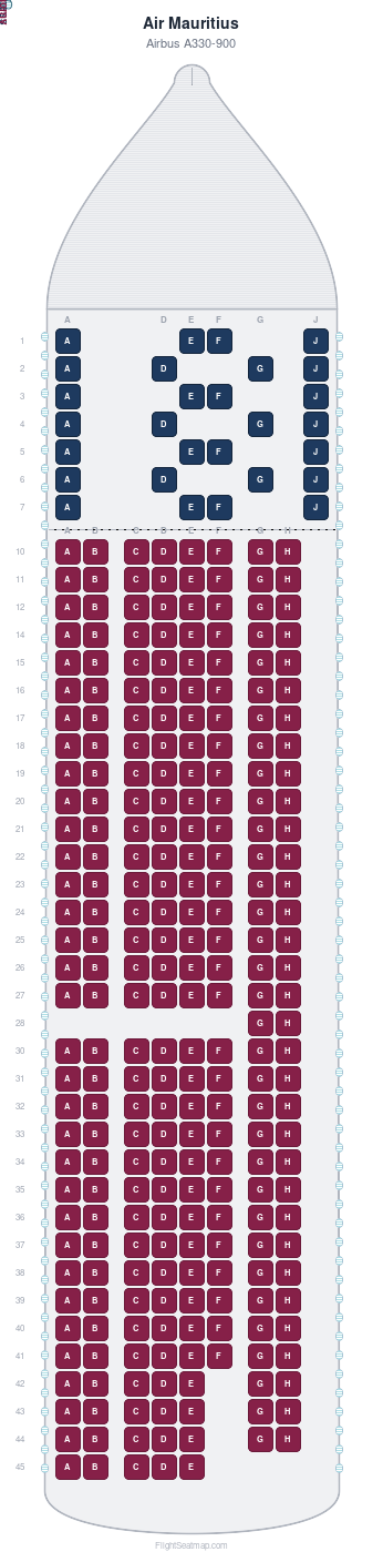 Air Mauritius Airbus A330-900 seat map layout for flight MK440 from MRU to PER