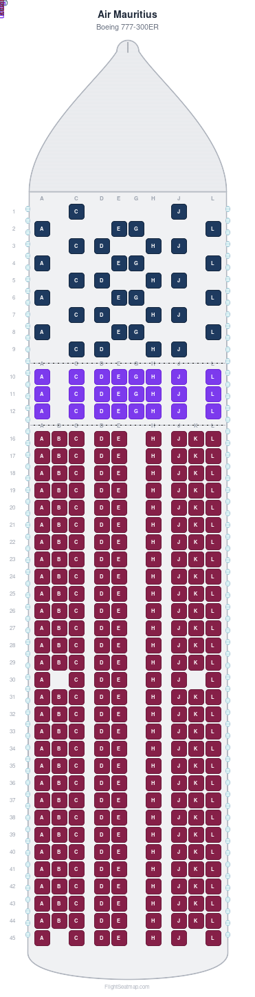 Air Mauritius Boeing 777-300ER seat map layout showing 3-class configuration with 324 seats
