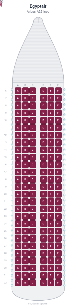 Egyptair Airbus A321neo seat map layout showing 1-class configuration with 162 seats
