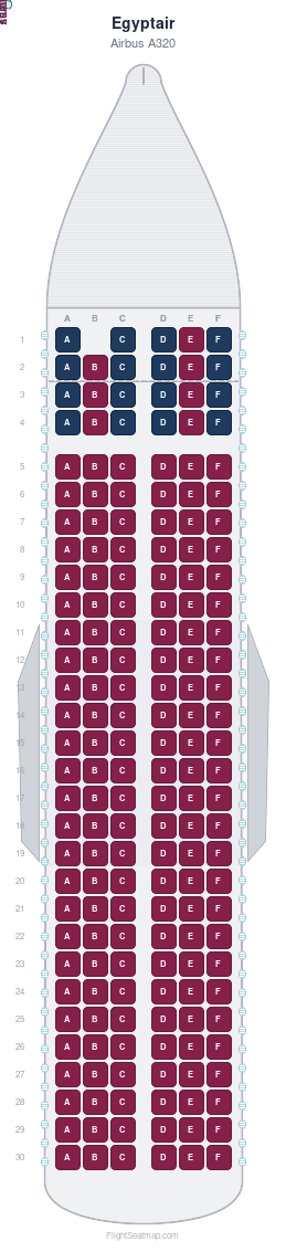 Egyptair Airbus A320 seat map layout showing 2-class configuration with 179 seats