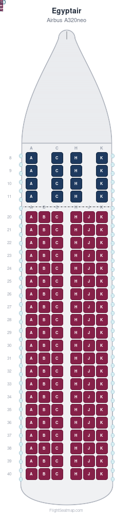 Egyptair Airbus A320neo seat map layout showing 2-class configuration with 142 seats