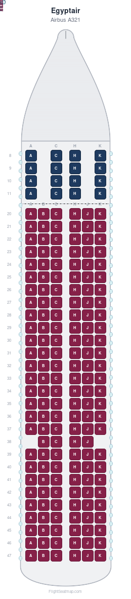 Egyptair Airbus A321 seat map layout showing 2-class configuration with 182 seats