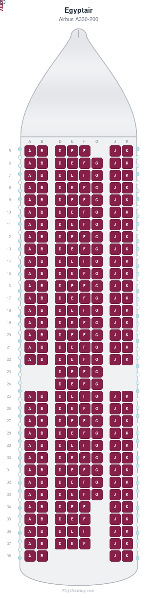 Egyptair Airbus A330-200 seat map layout showing 1-class configuration with 255 seats