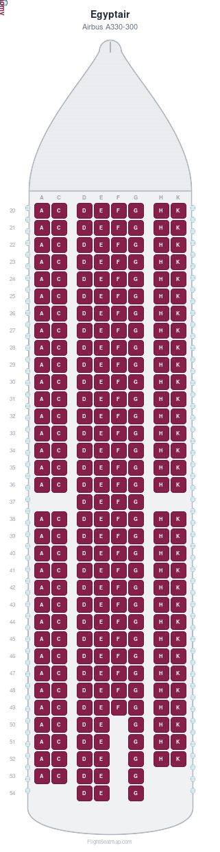 Egyptair Airbus A330-300 seat map layout showing 1-class configuration with 265 seats
