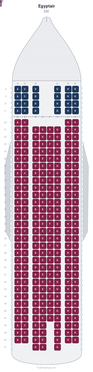 Egyptair 330 seat map layout showing 2-class configuration with 268 seats