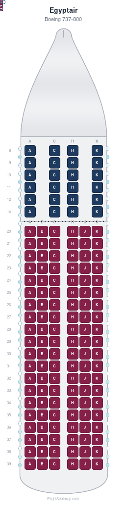 Egyptair Boeing 737-800 seat map layout showing 2-class configuration with 144 seats