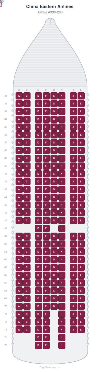 China Eastern Airlines Airbus A330-200 seat map layout for flight MU6934 from SHE to PVG
