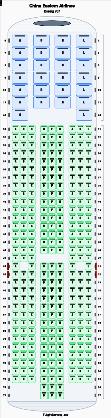 China Eastern Airlines Boeing 787 seat map layout showing 2-class configuration with 315 seats