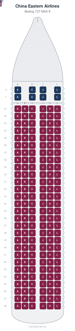 China Eastern Airlines Boeing 737 MAX 8 seat map layout showing 2-class configuration with 176 seats