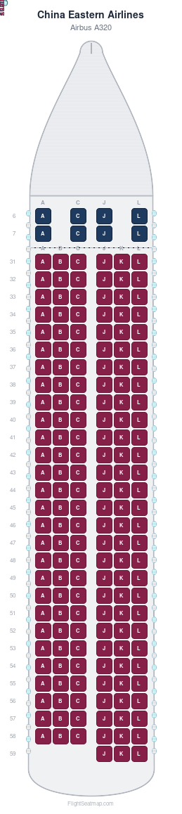 China Eastern Airlines Airbus A320 seat map layout showing 2-class configuration with 179 seats