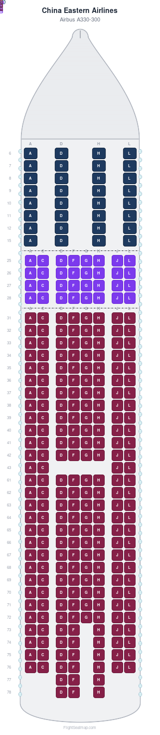 China Eastern Airlines Airbus A330-300 seat map layout for flight MU5052 from ICN to PVG