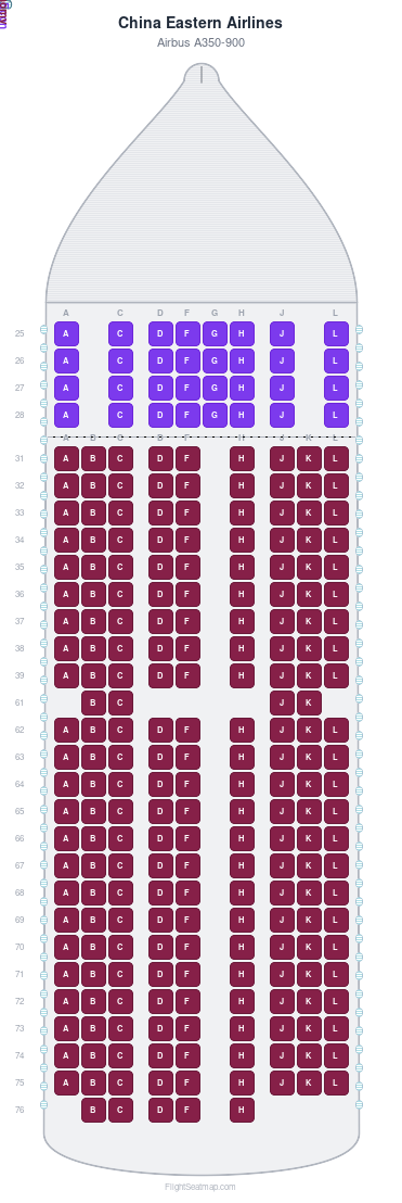 China Eastern Airlines Airbus A350-900 seat map layout showing 2-class configuration with 248 seats