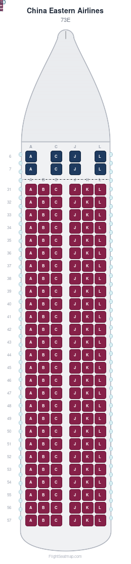 China Eastern Airlines 73E seat map layout showing 2-class configuration with 170 seats