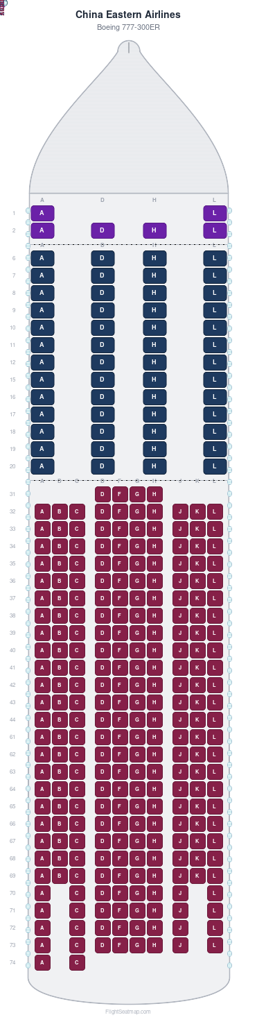 China Eastern Airlines Boeing 777-300ER seat map layout for flight MU772 from AMS to PVG