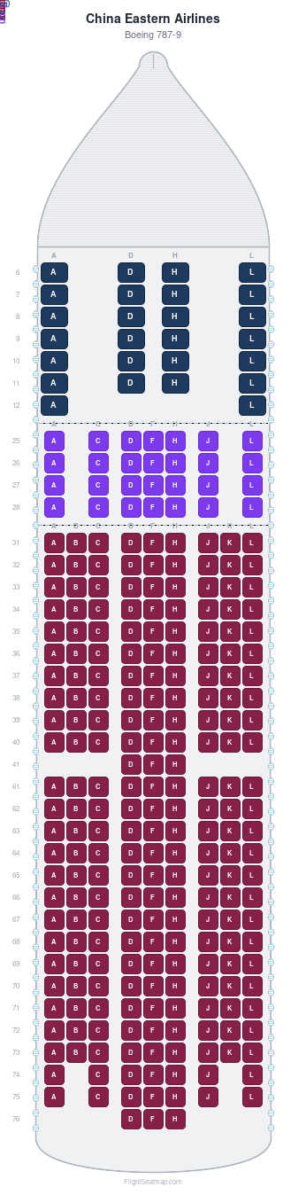 China Eastern Airlines Boeing 787-9 seat map layout for flight MU737 from PVG to MEL