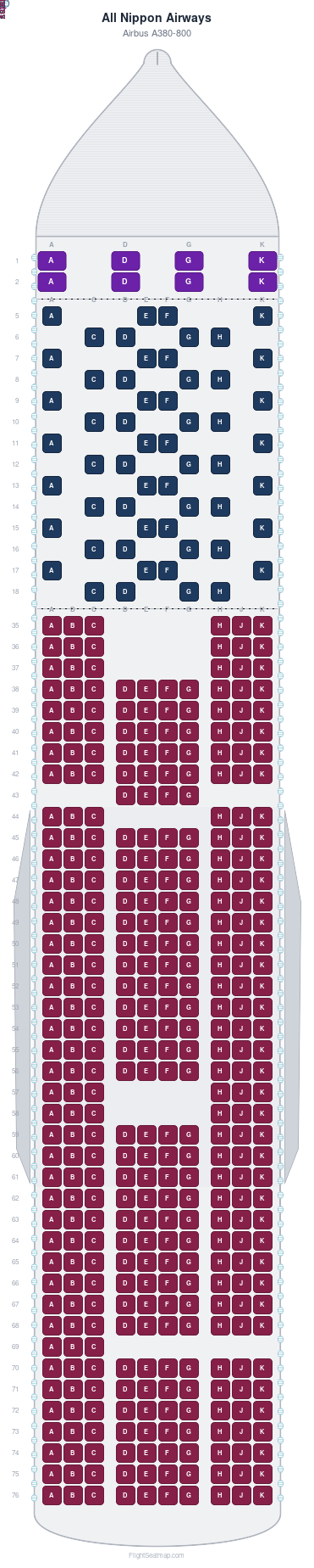 All Nippon Airways Airbus A380-800 seat map layout for flight NH184 from NRT to HNL