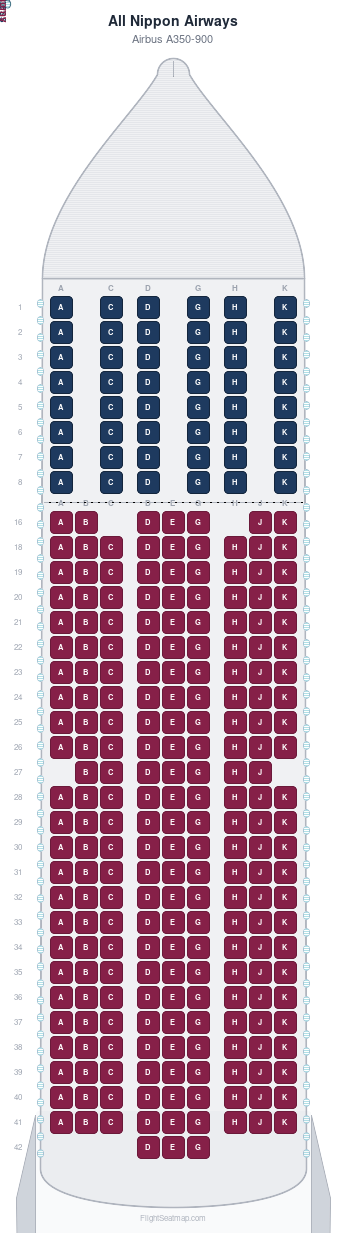 All Nippon Airways Airbus A350-900 seat map layout for flight NH5852 from MUC to HND