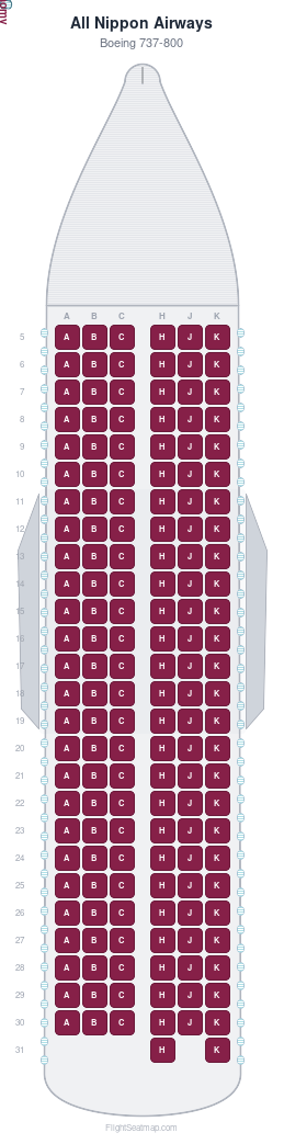 All Nippon Airways Boeing 737-800 seat map layout showing 1-class configuration with 158 seats