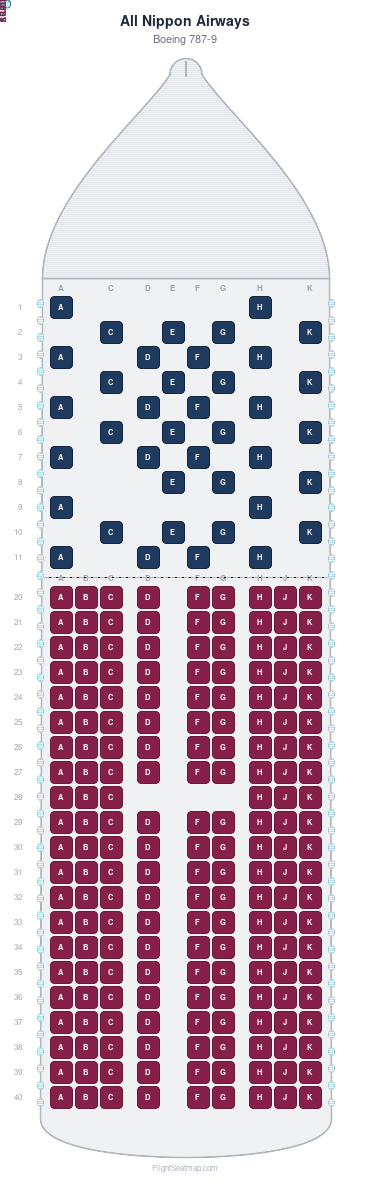 All Nippon Airways Boeing 787-9 seat map layout for flight NH203 from HND to FRA