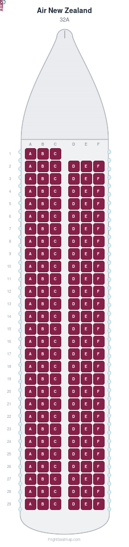 Air New Zealand 32A seat map layout showing 1-class configuration with 171 seats