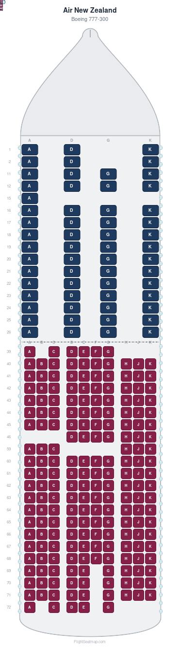 Air New Zealand Boeing 777-300 seat map layout showing 2-class configuration with 260 seats