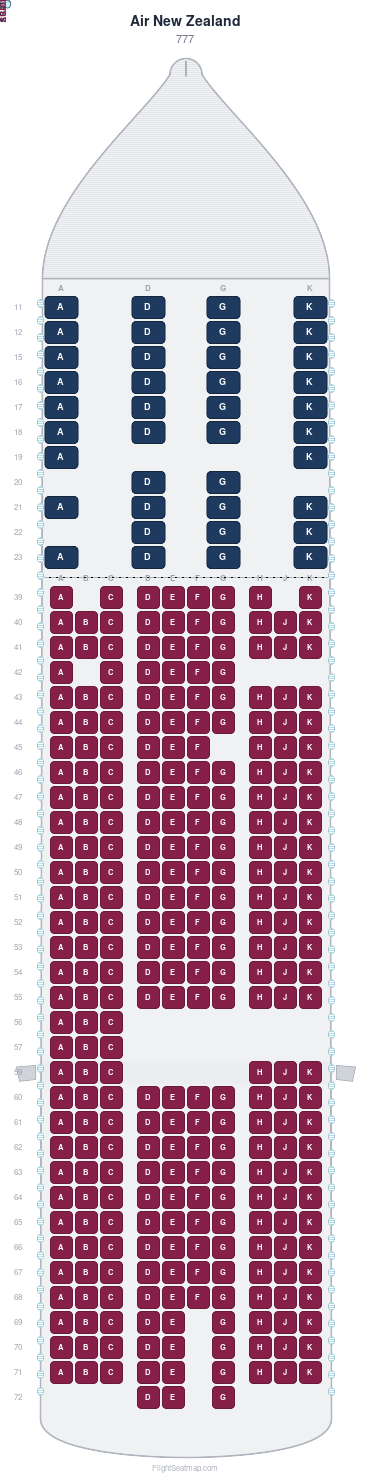 Air New Zealand Boeing 777 seat map layout for flight NZ291 from DPS to AKL