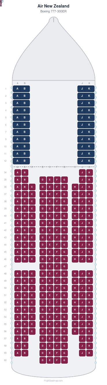 Air New Zealand Boeing 777-300ER seat map layout for flight NZ28 from AKL to IAH