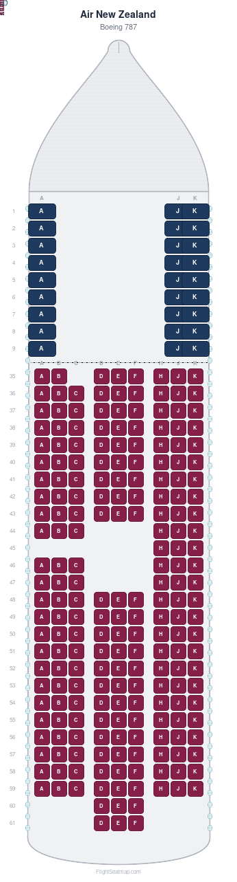 Air New Zealand Boeing 787 seat map layout showing 2-class configuration with 242 seats