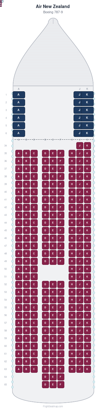 Air New Zealand Boeing 787-9 seat map layout for flight NZ80 from HKG to AKL