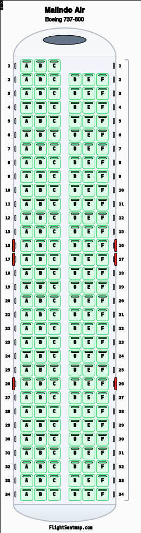 Malindo Air Boeing 737-800 seat map layout showing 1-class configuration with 189 seats