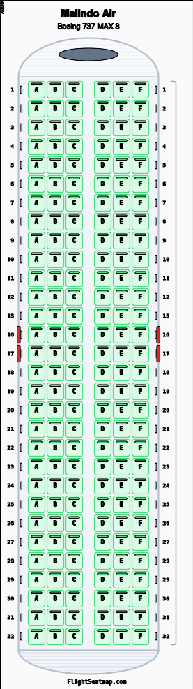 Malindo Air Boeing 737 MAX 8 seat map layout showing 1-class configuration with 180 seats