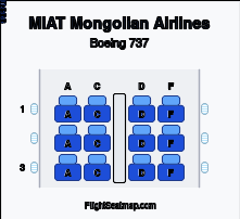 MIAT Mongolian Airlines Boeing 737 seat map layout showing 1-class configuration with 12 seats