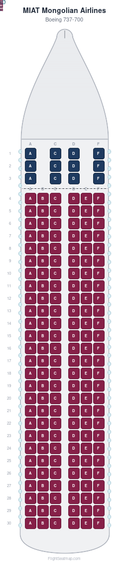 MIAT Mongolian Airlines Boeing 737-700 seat map layout for flight OM301 from UBN to ICN