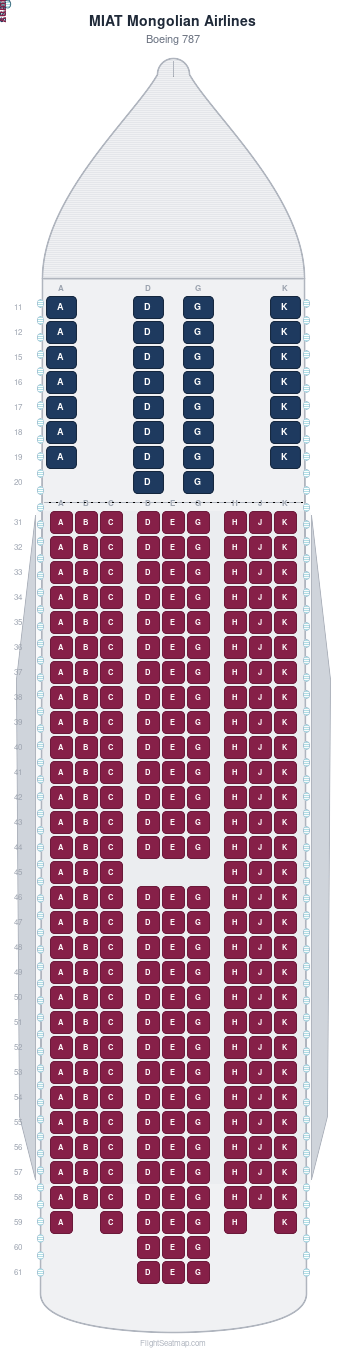 MIAT Mongolian Airlines Boeing 787 seat map layout for flight OM138 from FRA to UBN