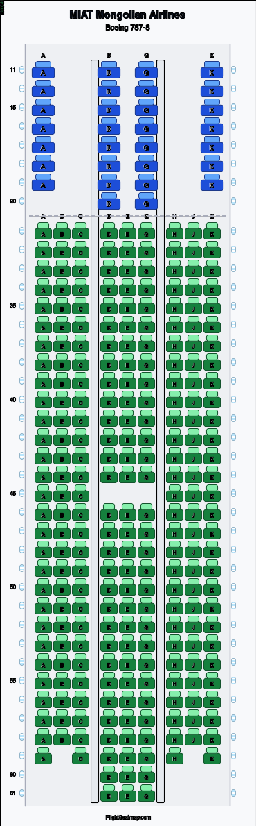 MIAT Mongolian Airlines Boeing 787-8 seat map layout showing 2-class configuration with 292 seats