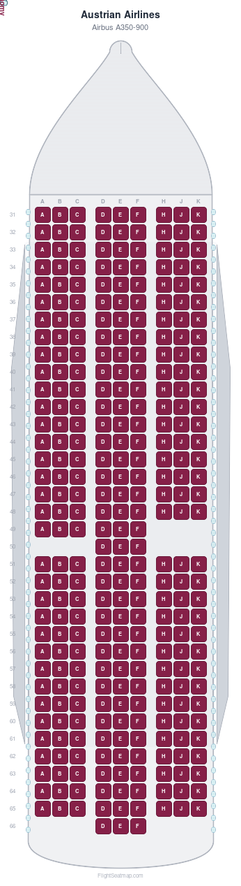 Austrian Airlines Airbus A350-900 seat map layout showing 1-class configuration with 309 seats