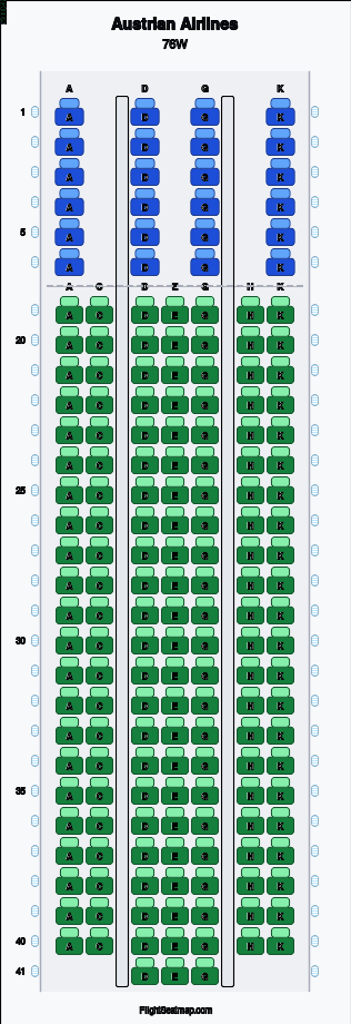 Austrian Airlines 76W seat map layout showing 2-class configuration with 181 seats