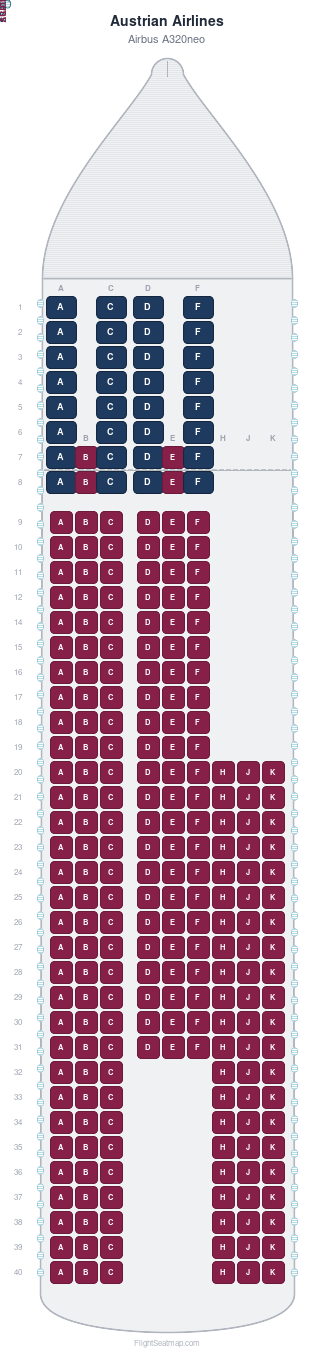 Austrian Airlines Airbus A320neo seat map layout showing 2-class configuration with 258 seats