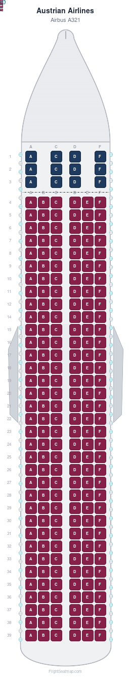 Austrian Airlines Airbus A321 seat map layout showing 2-class configuration with 222 seats