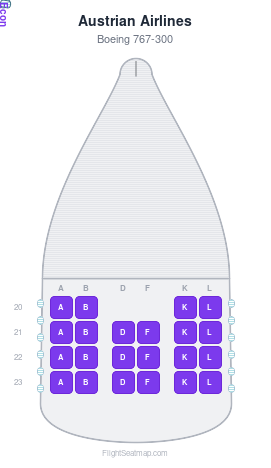 Austrian Airlines Boeing 767-300 seat map layout showing 1-class configuration with 22 seats