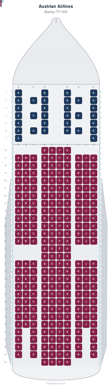 Austrian Airlines Boeing 777-200 seat map layout for flight OS26 from BKK to VIE