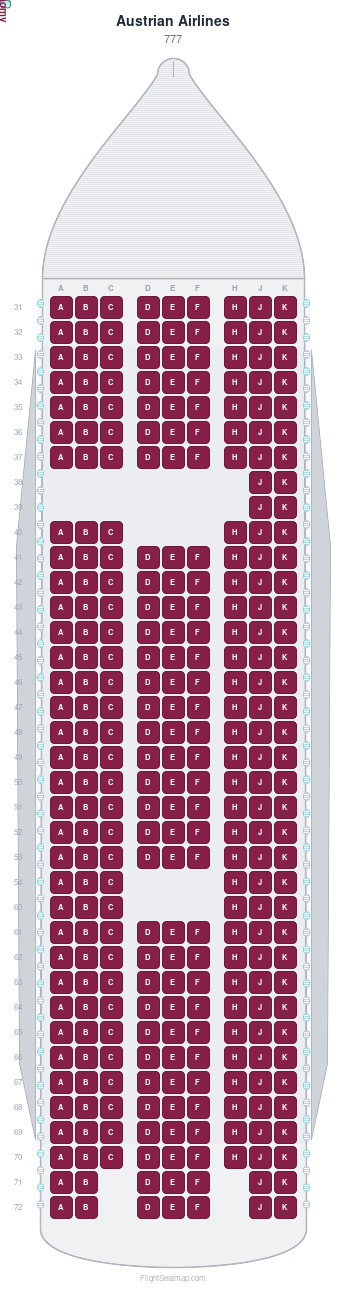 Austrian Airlines 777 seat map layout showing 1-class configuration with 306 seats
