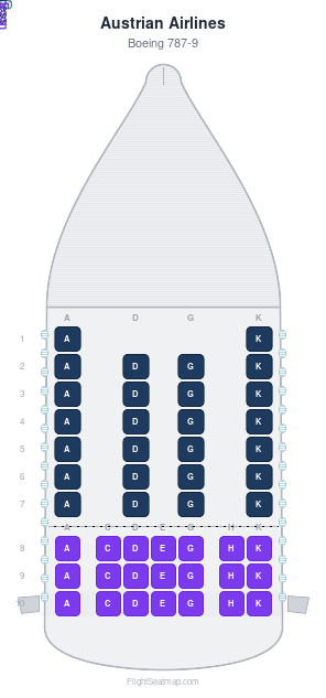 Austrian Airlines Boeing 787-9 seat map layout showing 2-class configuration with 47 seats