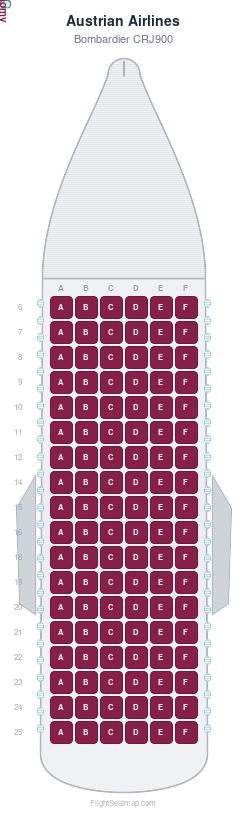 Austrian Airlines Bombardier CRJ900 seat map layout showing 1-class configuration with 108 seats