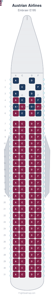 Austrian Airlines Embraer E195 seat map layout showing 2-class configuration with 114 seats