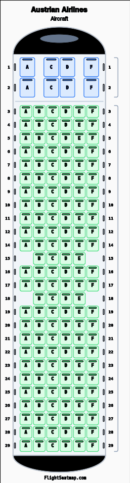 Austrian Airlines  seat map layout showing 2-class configuration with 160 seats