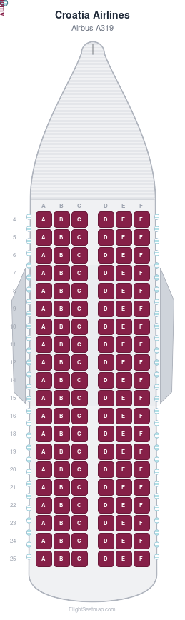 Croatia Airlines Airbus A319 seat map layout showing 1-class configuration with 120 seats