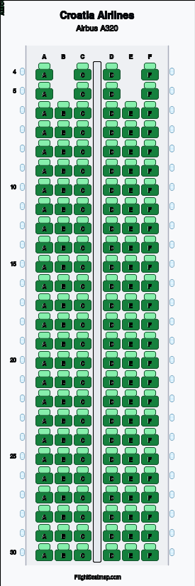 Croatia Airlines Airbus A320 seat map layout showing 1-class configuration with 152 seats