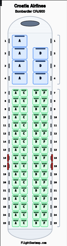 Croatia Airlines Bombardier CRJ900 seat map layout showing 2-class configuration with 75 seats